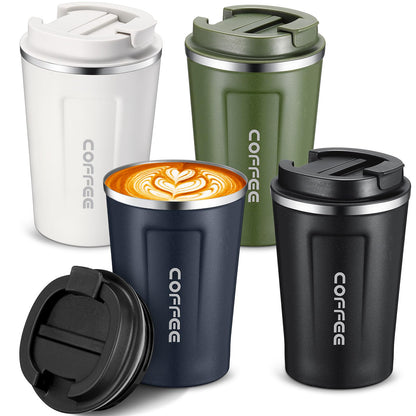 Set of four BACKUPMYFILESNOW® stainless steel travel coffee mugs in black, white, navy blue, and green with leakproof lids.