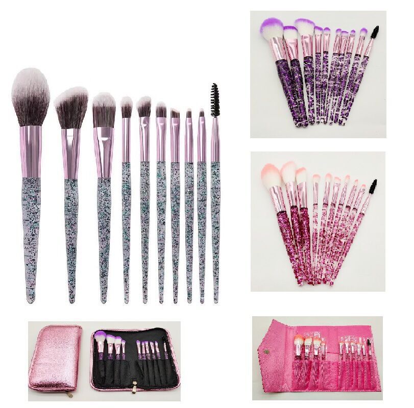 10-piece essential makeup brush kit by BACKUPMYFILESNOW® with various brushes arranged on a white background.