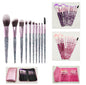 10-piece essential makeup brush kit by BACKUPMYFILESNOW® with various brushes arranged on a white background.