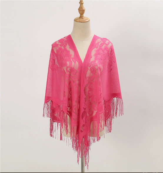 Women's breathable lace triangle shawl with floral design, draped fabric detail