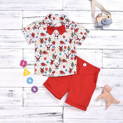Boy clothing set with bow and Christmas print outfit