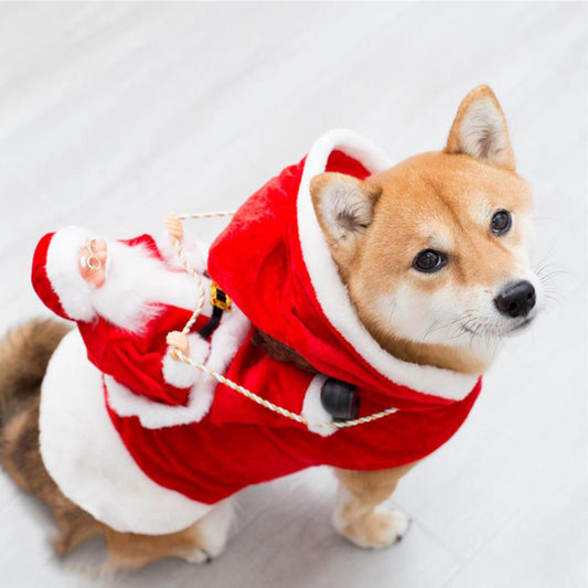 Green elf pet dog Christmas costume with festive trim and hat for holiday dress-up