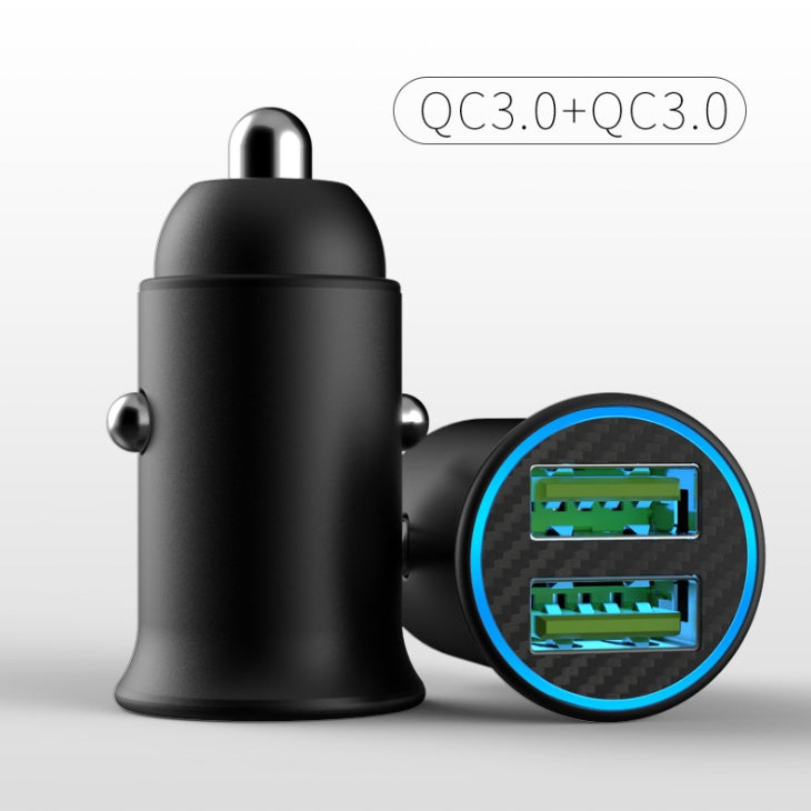 Mini car charger with QC3.0 fast charging port, compact black design