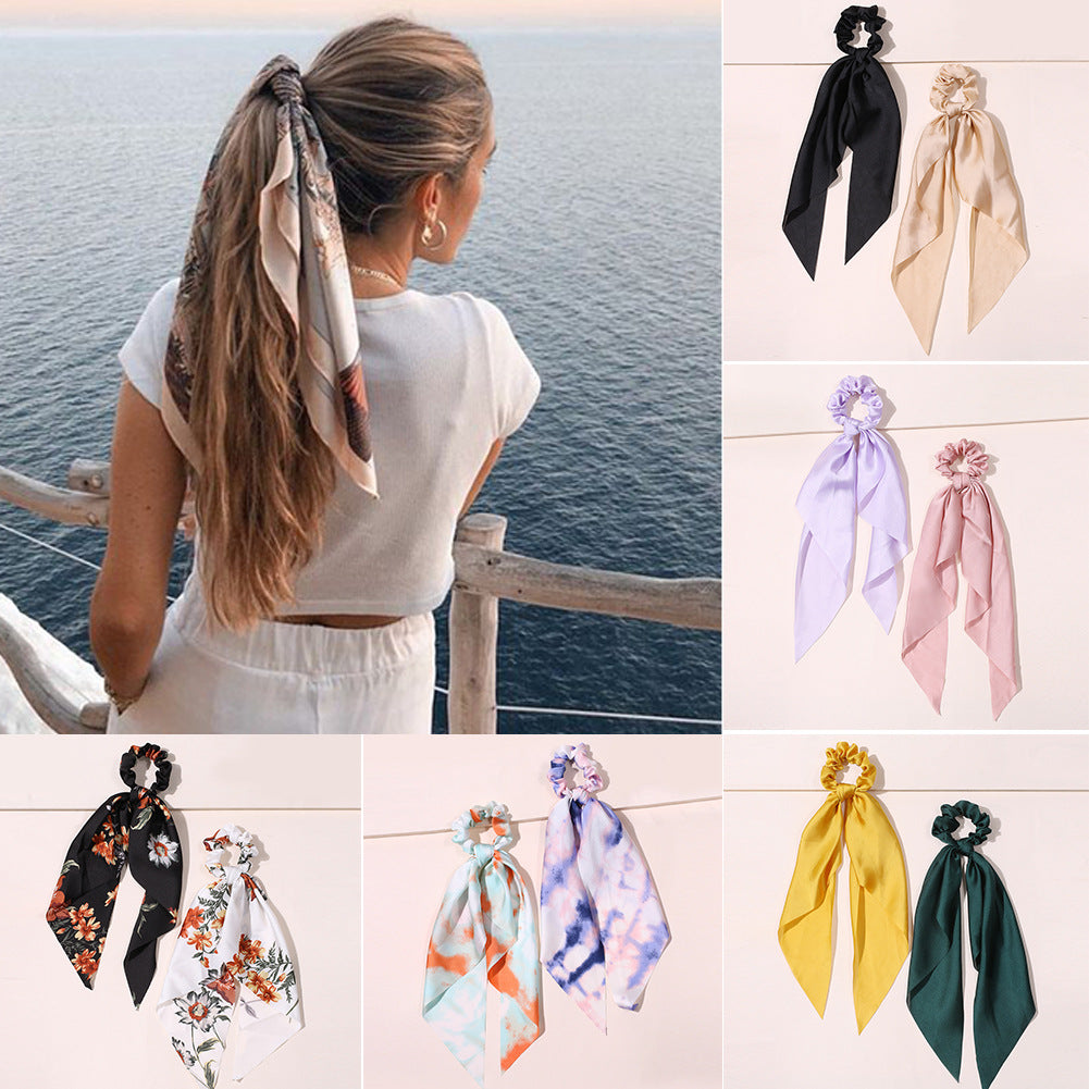 Cute scrunchies pack and headband for women, colorful hair accessories displayed together