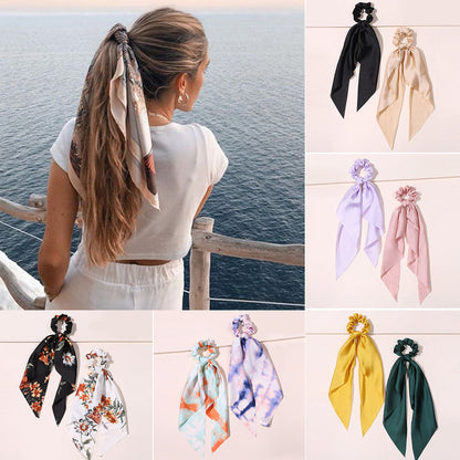 Cute scrunchies pack and headband for women, colorful hair accessories displayed together