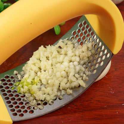 Stainless steel manual garlic masher and garlic press with curved handle for kitchen use