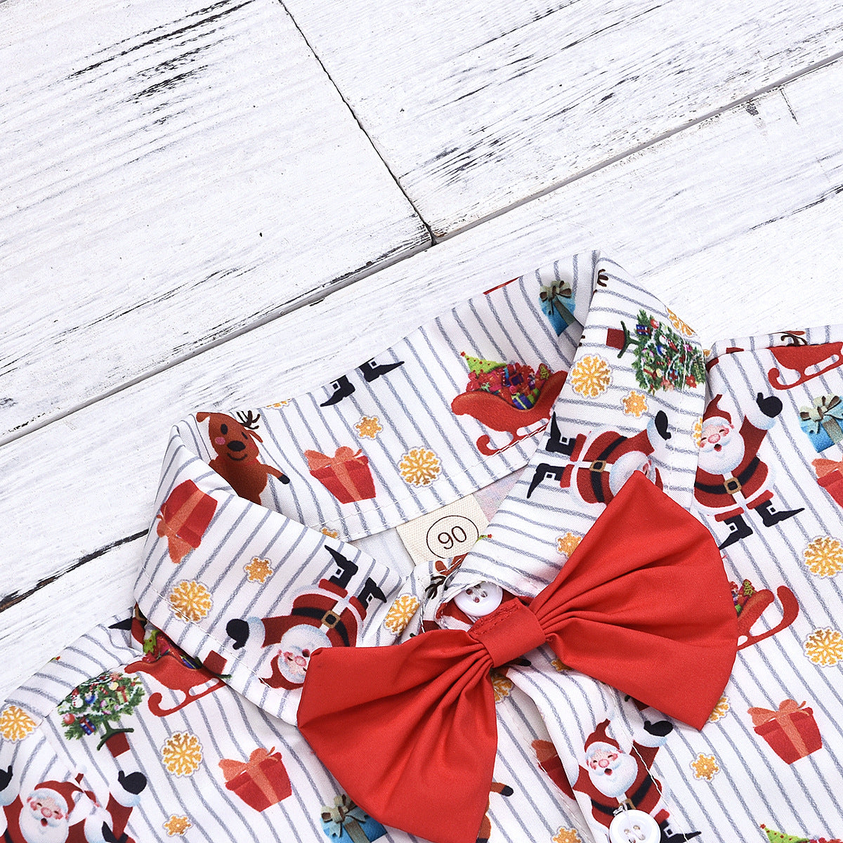 Boy’s clothing set with bow and Christmas print, festive outfit in red and white