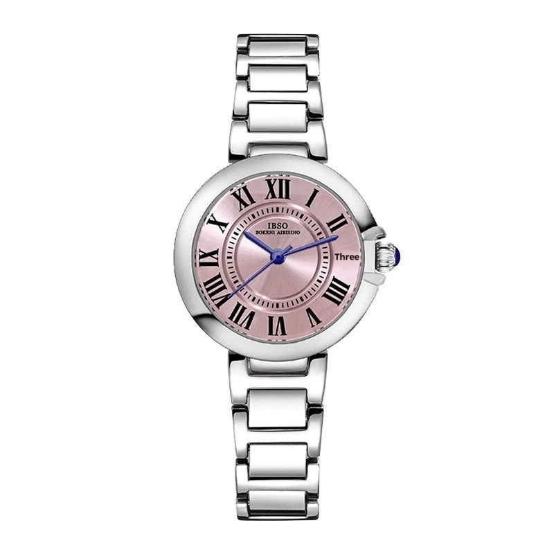 Women's Roman numeral steel band wristwatch with a classic round dial