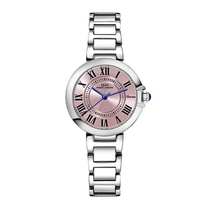 Women's Roman numeral steel band wristwatch with a classic round dial
