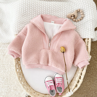 Baby winter clothing thickened fleece-lined cashmere top in soft neutral fabric