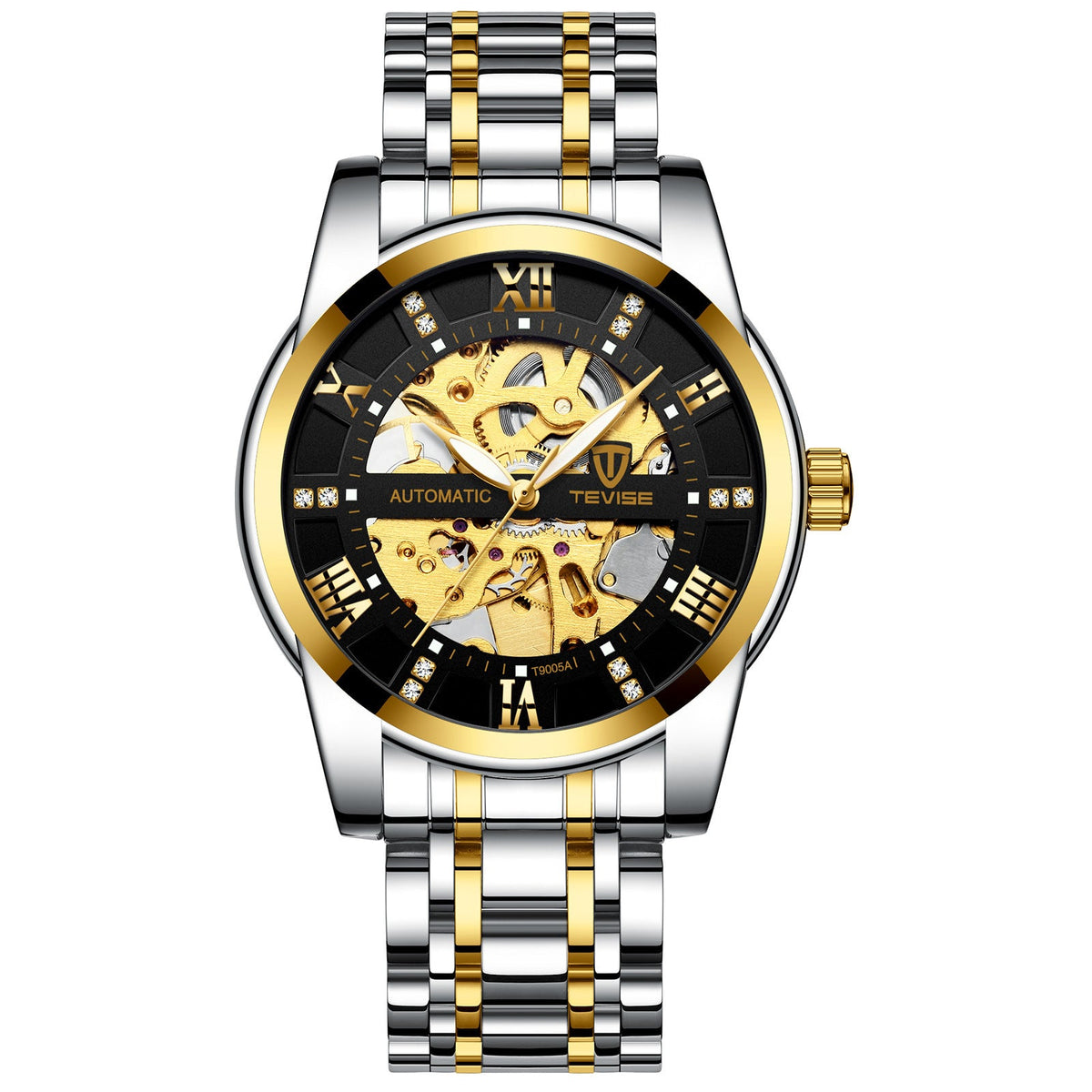 Mechanical watch with hollowed-out steel bracelet, black dial, and silver-tone case