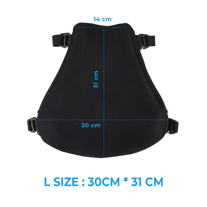 Motorcycle seat cushion, close-up view of black padded cover and contoured design
