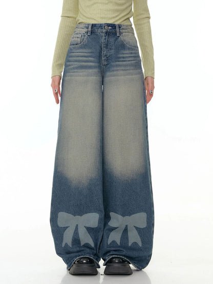 Retro Wide-leg Bow-tie Printed Washed Denim Jeans