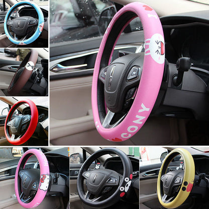 Cute Korean female steering wheel cover, pink character design shown on a car steering wheel