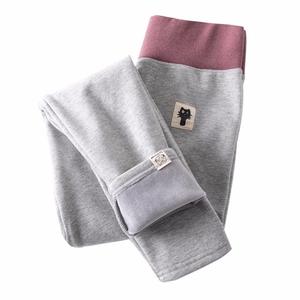Women's cotton high-waist leggings with cute kitten patchwork design, thick soft fabric in a solid color