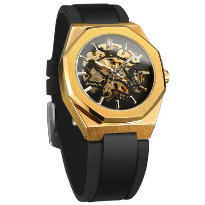 Automatic mechanical watch with black rubber strap and round dial
