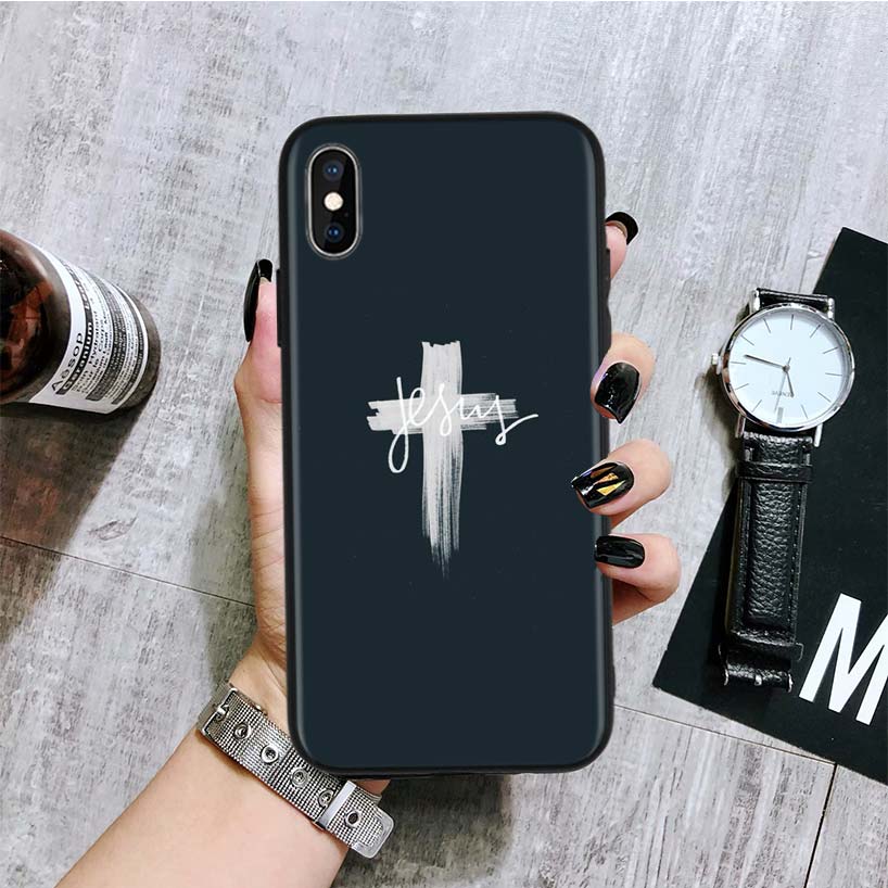 Jesus cross mobile phone case with Christian cross design in black and white