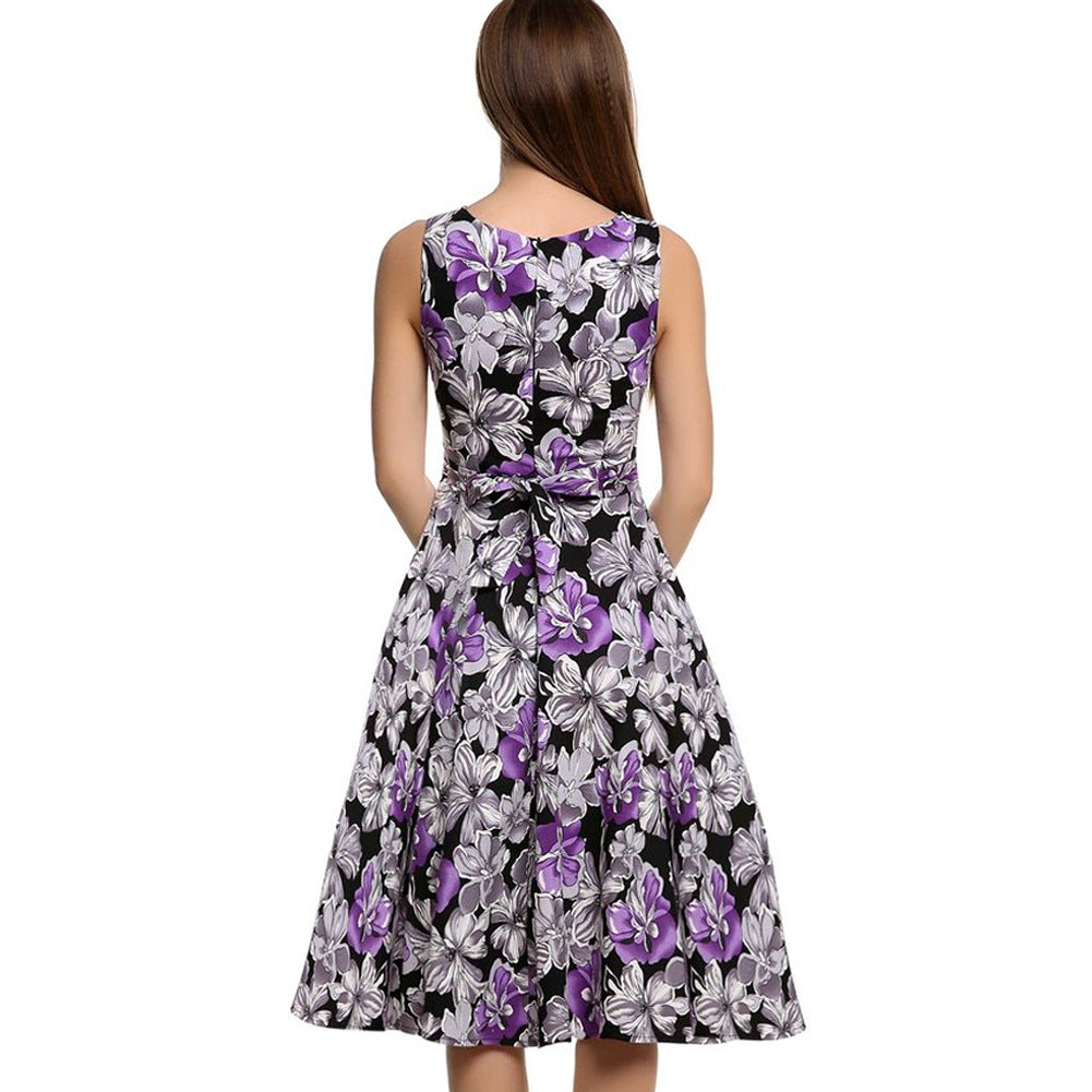 Vintage print dress with colorful patterned fabric and classic silhouette