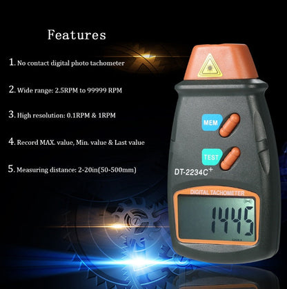 Digital tachometer display with RPM readings and measurement controls