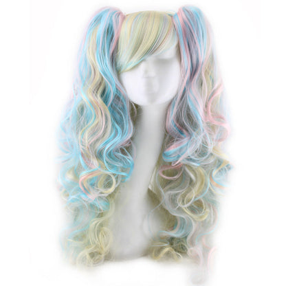 Colorful long curly wig with vibrant multicolor curls and voluminous synthetic hair fibers