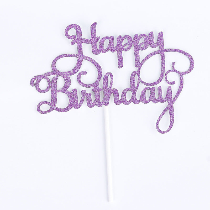 English happy birthday cake flag cake insert with colorful lettering on a decorative topper stick