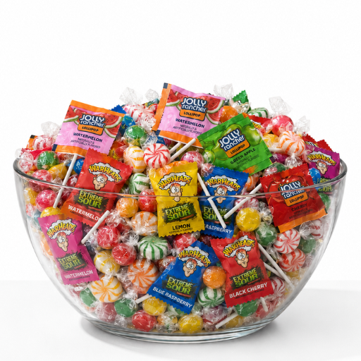 Assorted hard candies and lollipops in a colorful bulk party mix from Candy In Bulk, featuring various shapes and vibrant colors.