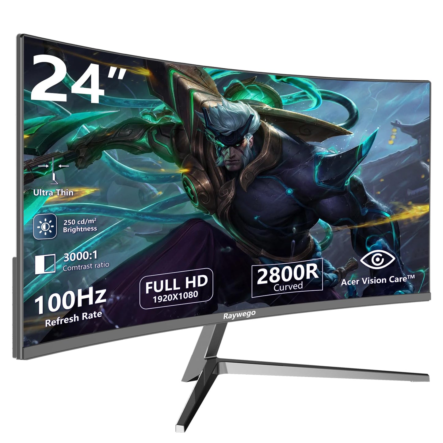 Raywego 24 inch curved monitor with FHD resolution, 100Hz refresh rate, ergonomic tilt, VESA compatibility for gaming and work.