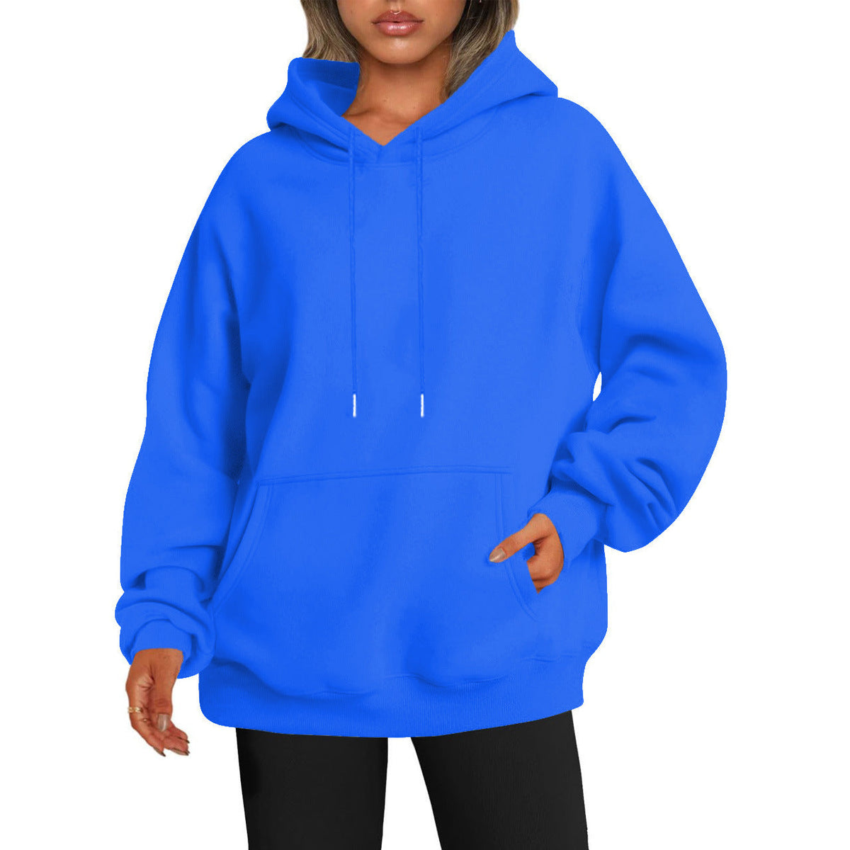 Women's solid-color loose-fit drop-shoulder hooded sweatshirt, front view