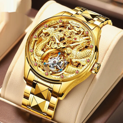 Men's water-resistant mechanical watch with hollowed-out design and steel strap