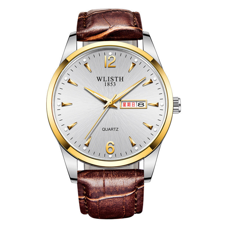 Luminous waterproof leather-strap quartz watch for men with dark dial and classic round case