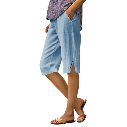 Casual loose-fit cotton-linen drawstring shorts with pockets in a relaxed style