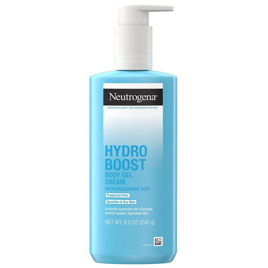 Neutrogena Hydro Boost fragrance-free body gel cream in 8.5 oz container, moisturizing lotion with a smooth, hydrating texture.