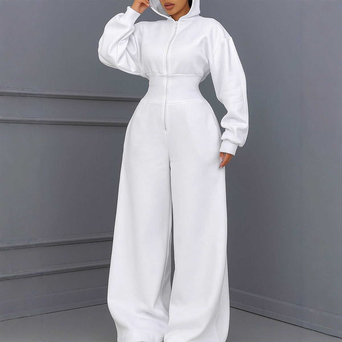 Hooded zip-up stretch-waist jumpsuit in a relaxed fit, shown from the front