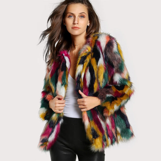Women's colorful faux fur coat, long sleeve collarless winter fur coat by My Store