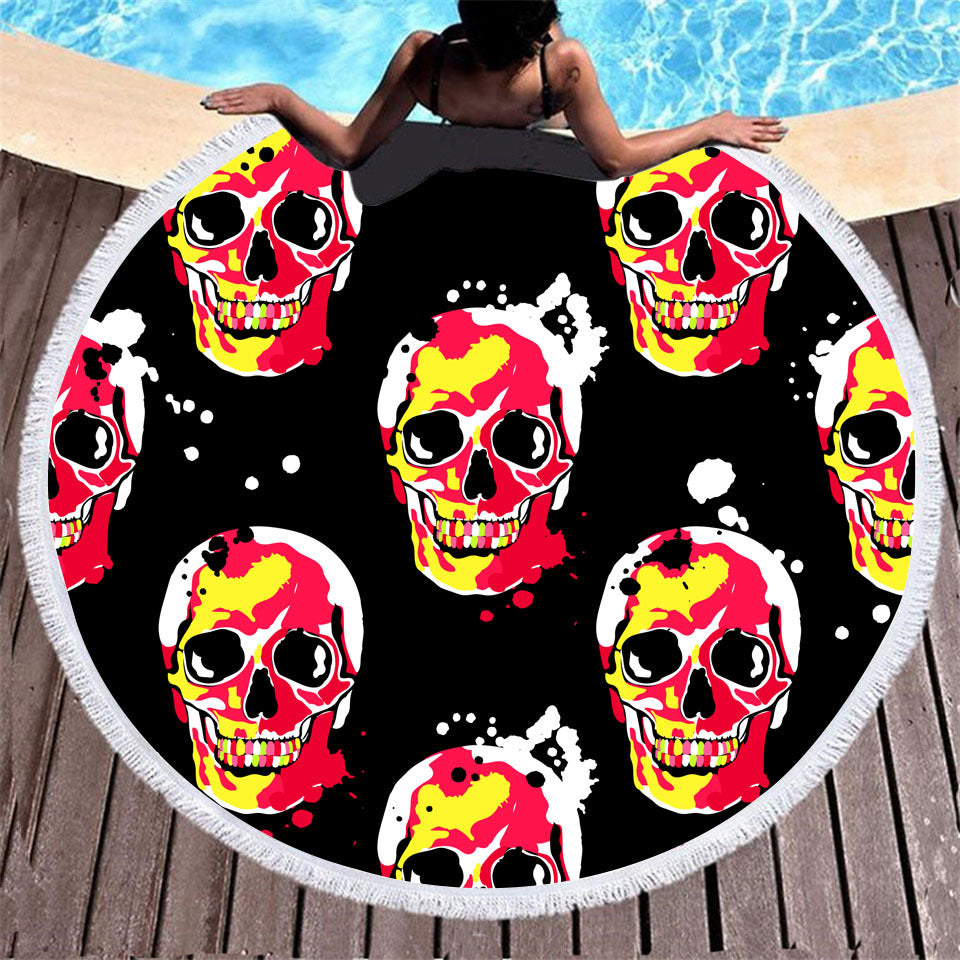 Skull print round beach towel with decorative tassel edge
