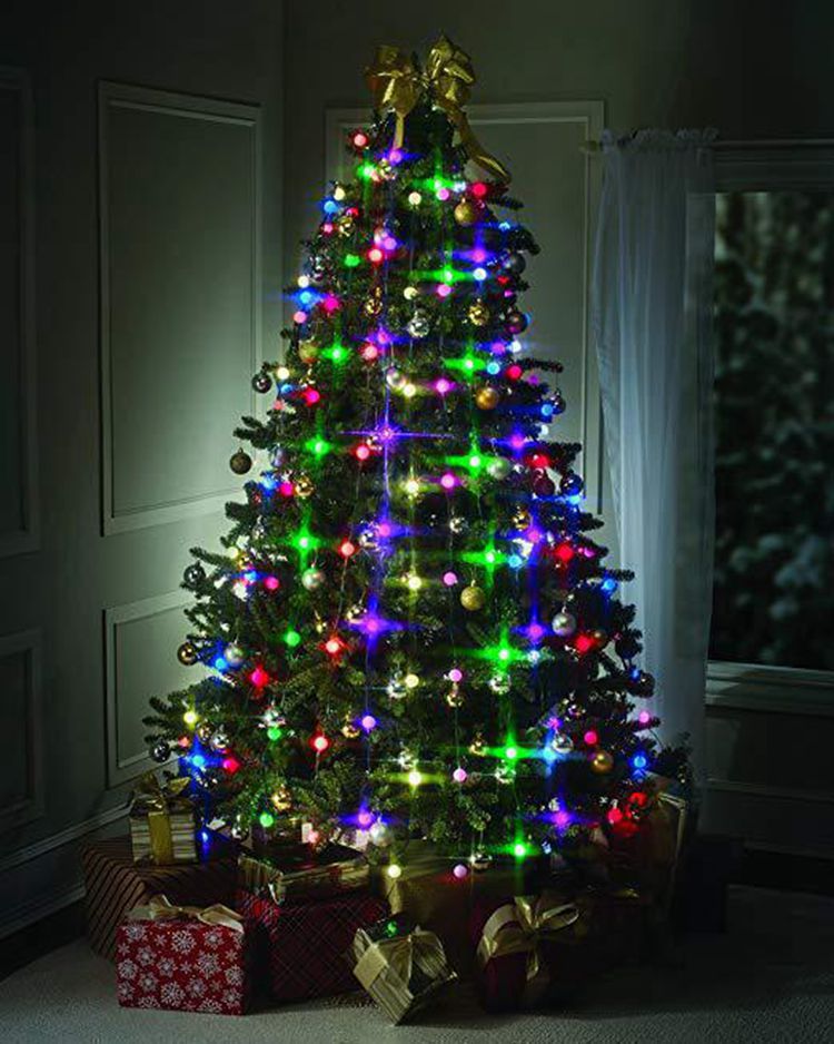 Christmas tree decoration lights string with LED holiday lights, glowing bulbs on a green wire