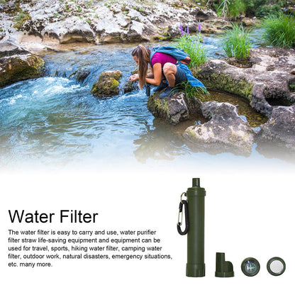 Portable survival water filter for camping and hiking with compact outdoor filtration design