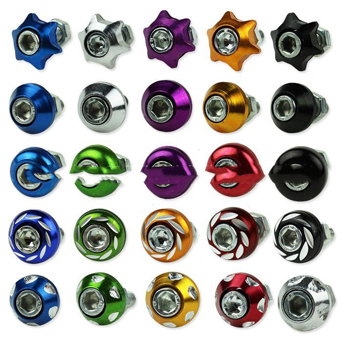 Motorcycle modified screw accessories in assorted metal finishes, close-up view