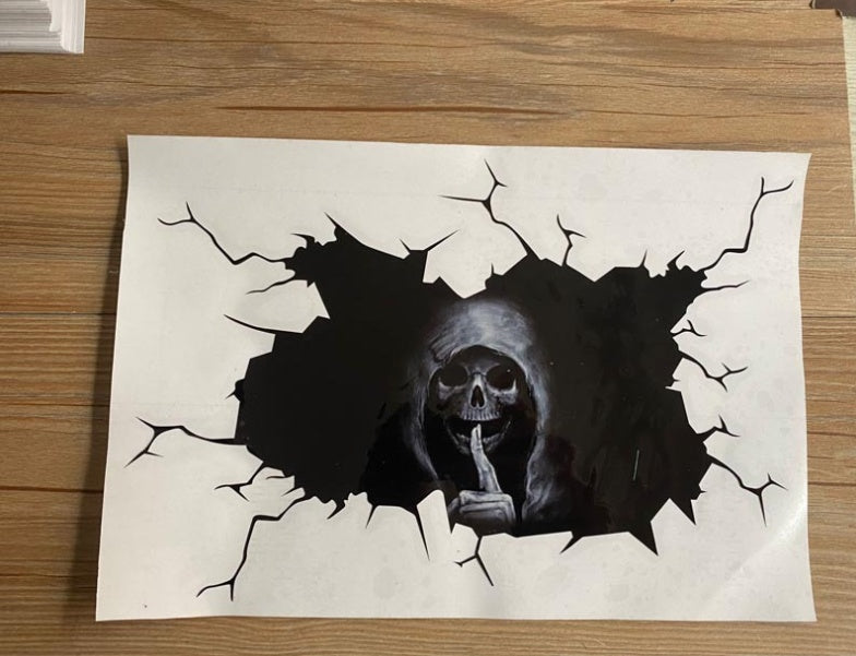 Halloween skull bumper sticker for car wall or floor, featuring a spooky horror skull design