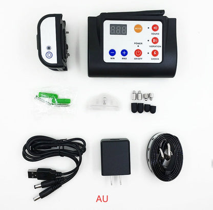 Electric dog fence system with transmitter, receiver collar, and boundary wire setup shown on white background