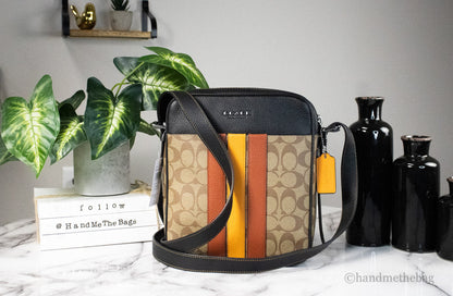 Coach Hudson 21 khaki and terracotta varsity stripe crossbody bag with signature pattern and adjustable strap.