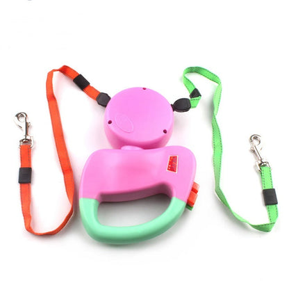 Retractable dual pet dog walking leash with two leads for controlled walks