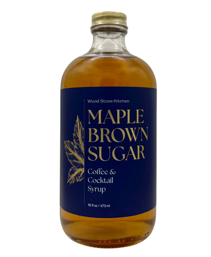 Wood Stove Kitchen Maple & Brown Sugar Coffee & Cocktail Syrup in 16 oz bottle, ideal for drinks and coffee flavoring.