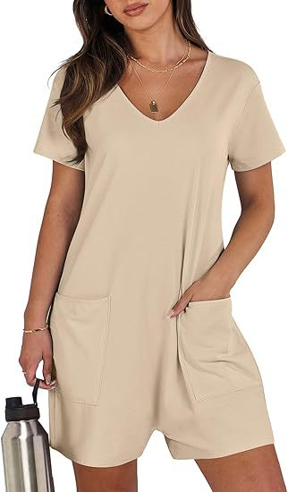 Women's summer casual sleeveless round-neck jumpsuit with short legs, belt, and pockets