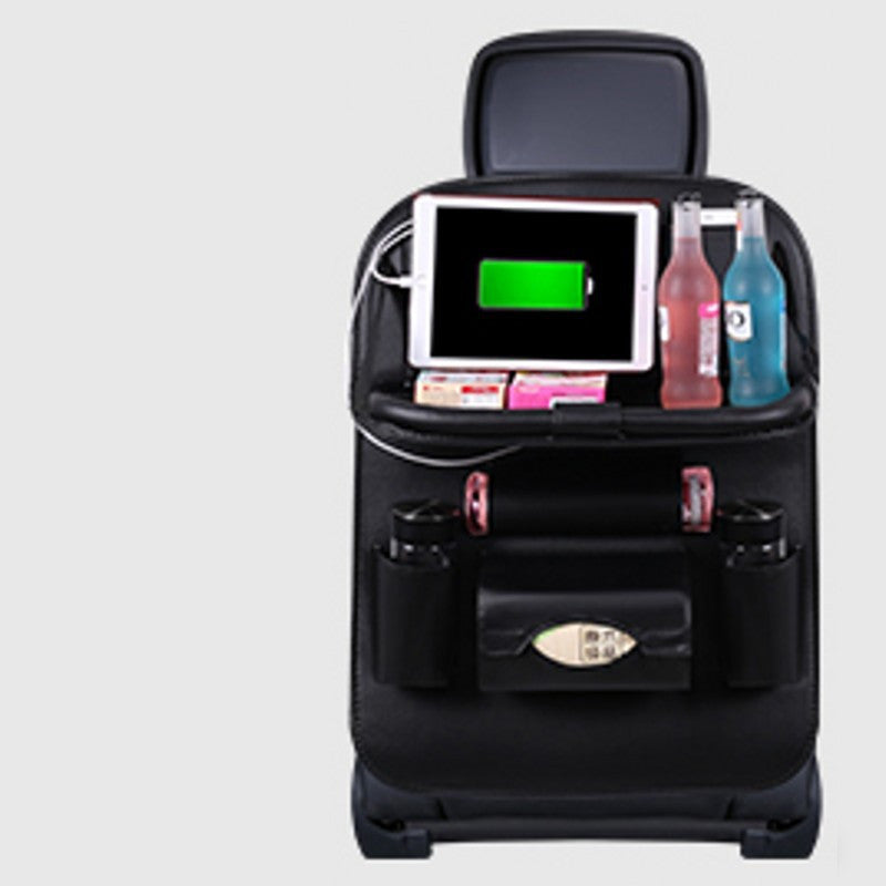 Charging car storage bag seat hanging bag in black, showing pockets and cable storage compartments