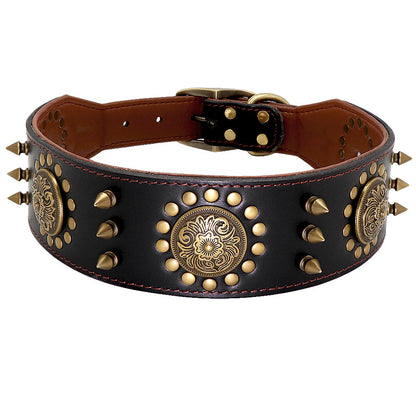 Leather stud anti-bite dog collar for large dogs, detailed with metal studs