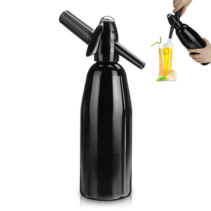 BACKUPMYFILESNOW® Sleek Sparkle Soda Machine 1L, modern appliance with shiny silver finish and digital controls on a countertop.