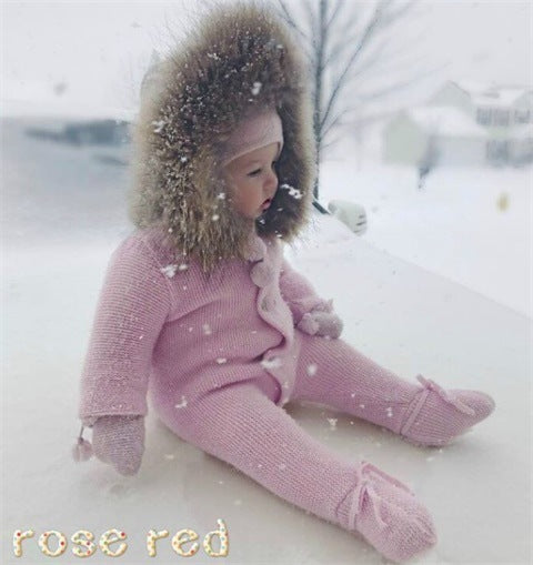 Warm hooded romper in soft fabric with attached hood and full-body coverage