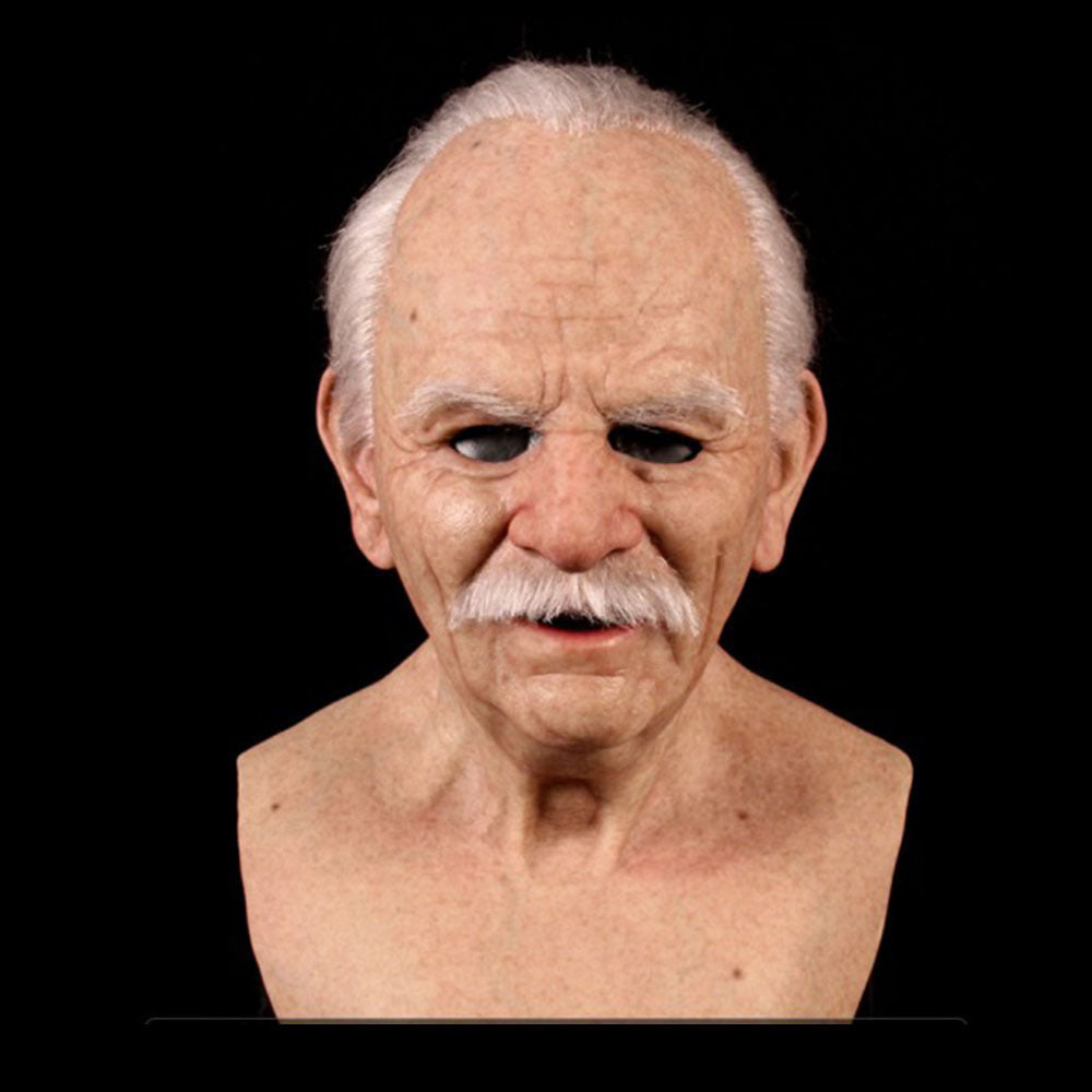 Old man Halloween mask with white hair, white beard, and headgear.