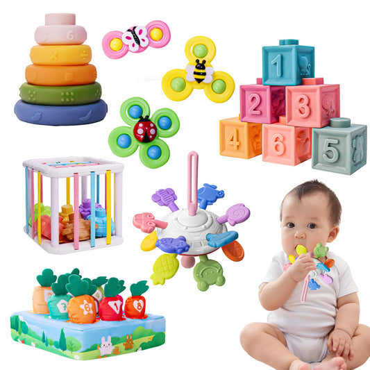 Sensory baby toy set with 6-in-1 Montessori blocks for 6-12 months, colorful educational toys for infants.